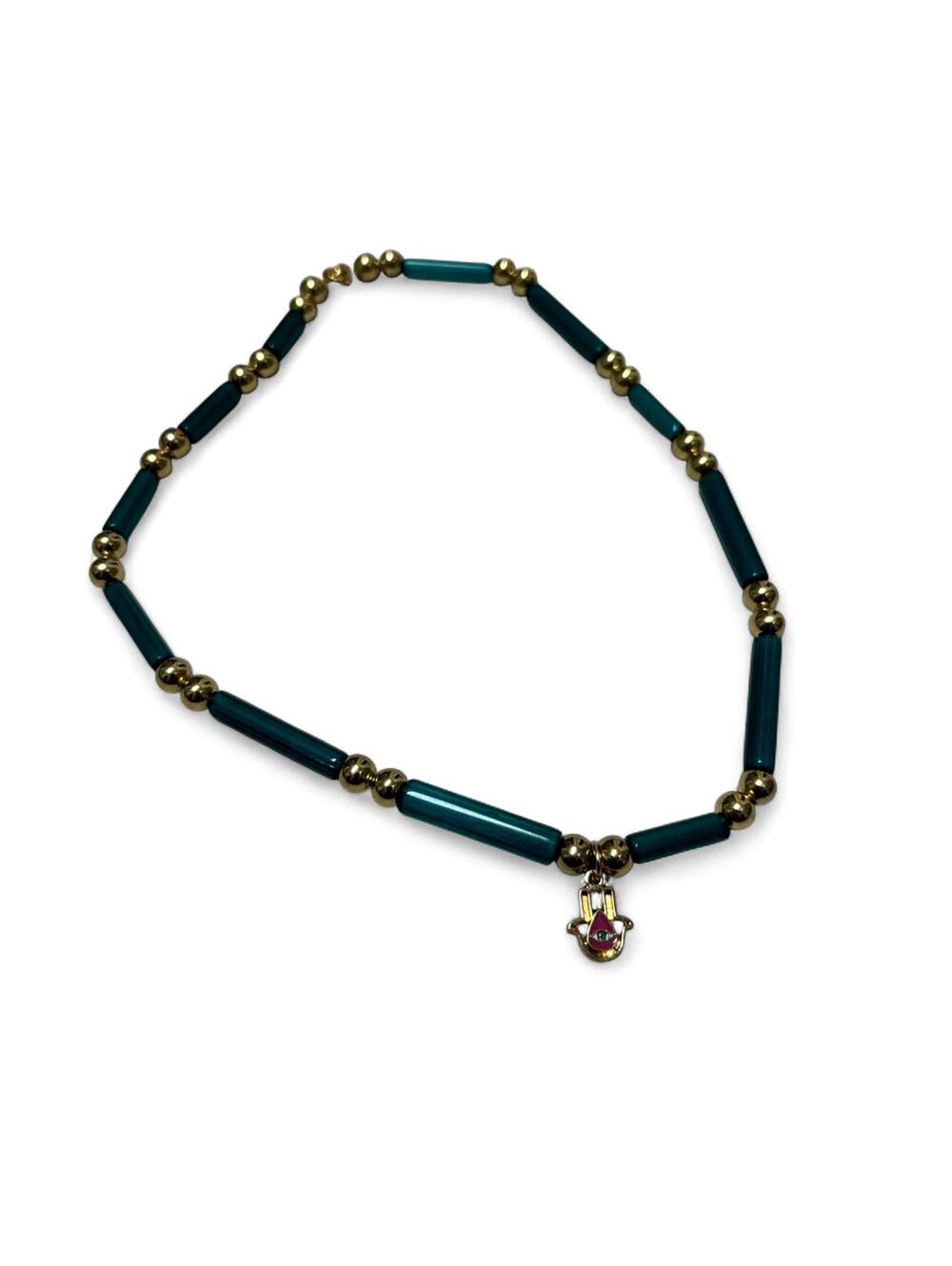 Handmade Dark Teal and Gold Necklace Hamsa Charm